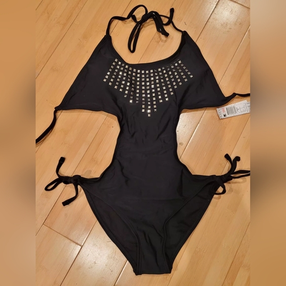 Punk Bongo black gold studded stud Monokini swim suit string tie bikini S - Picture 6 of 6